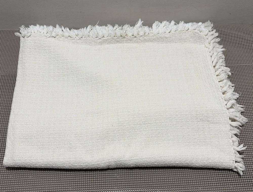 Oversized Cream Throw Blanket Textured Woven Cotton Fringe Edges 76x52 Vintage